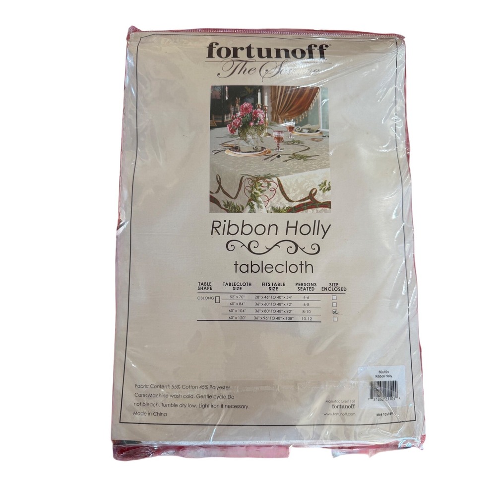 Fortunoff Ribbon Holly Tablecloth 60x104‎ Oblong Christmas Holiday Damask Ivory